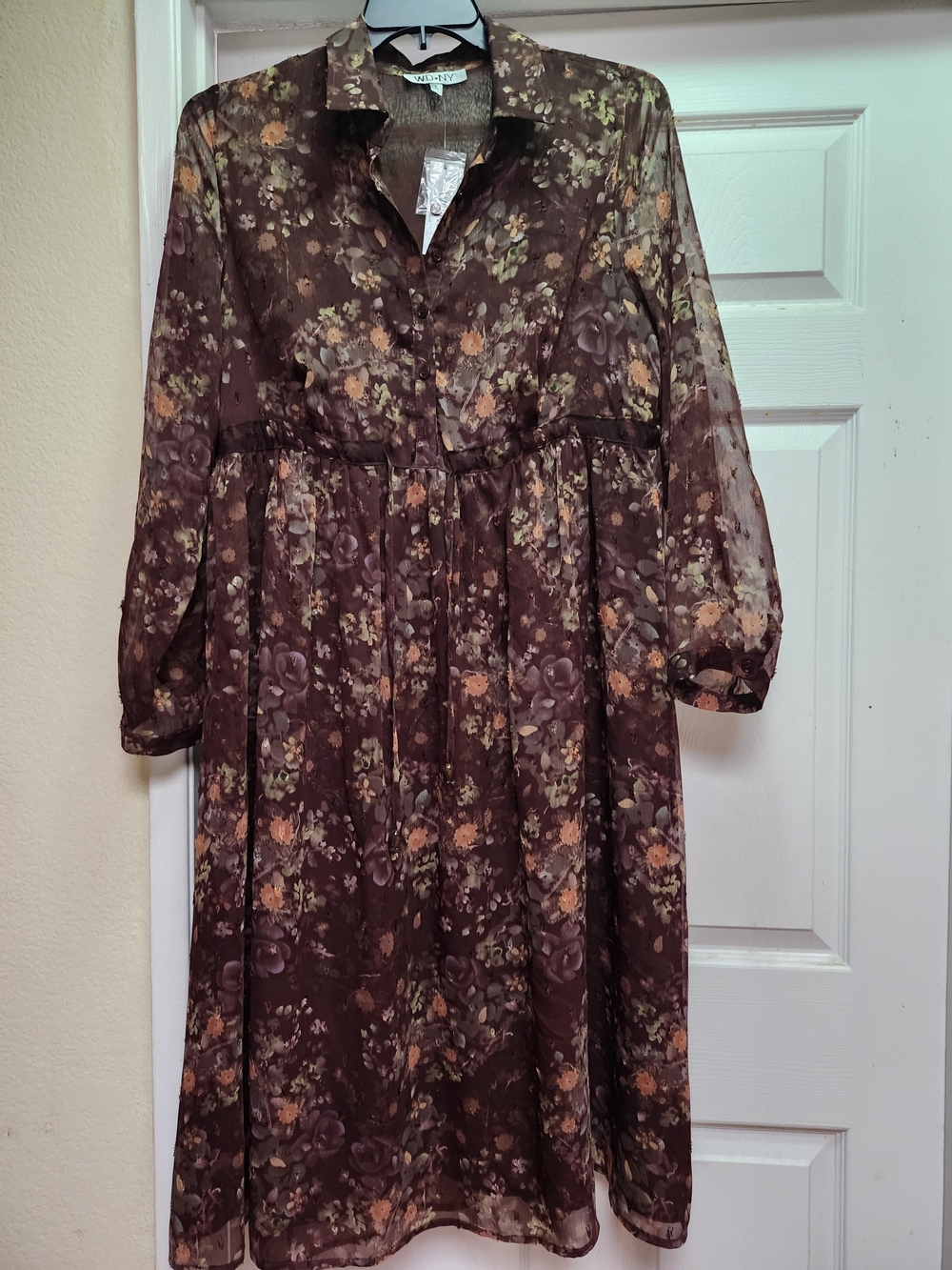 WD.NY Brown Floral Midi Dress with Collared Neck